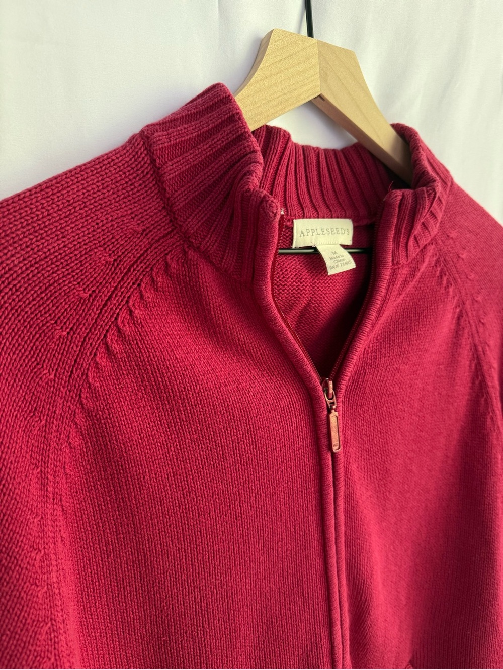 Appleseed's Red Full-Zip Mock Neck Cardigan Sweater 100% Cotton Ribbed Knit